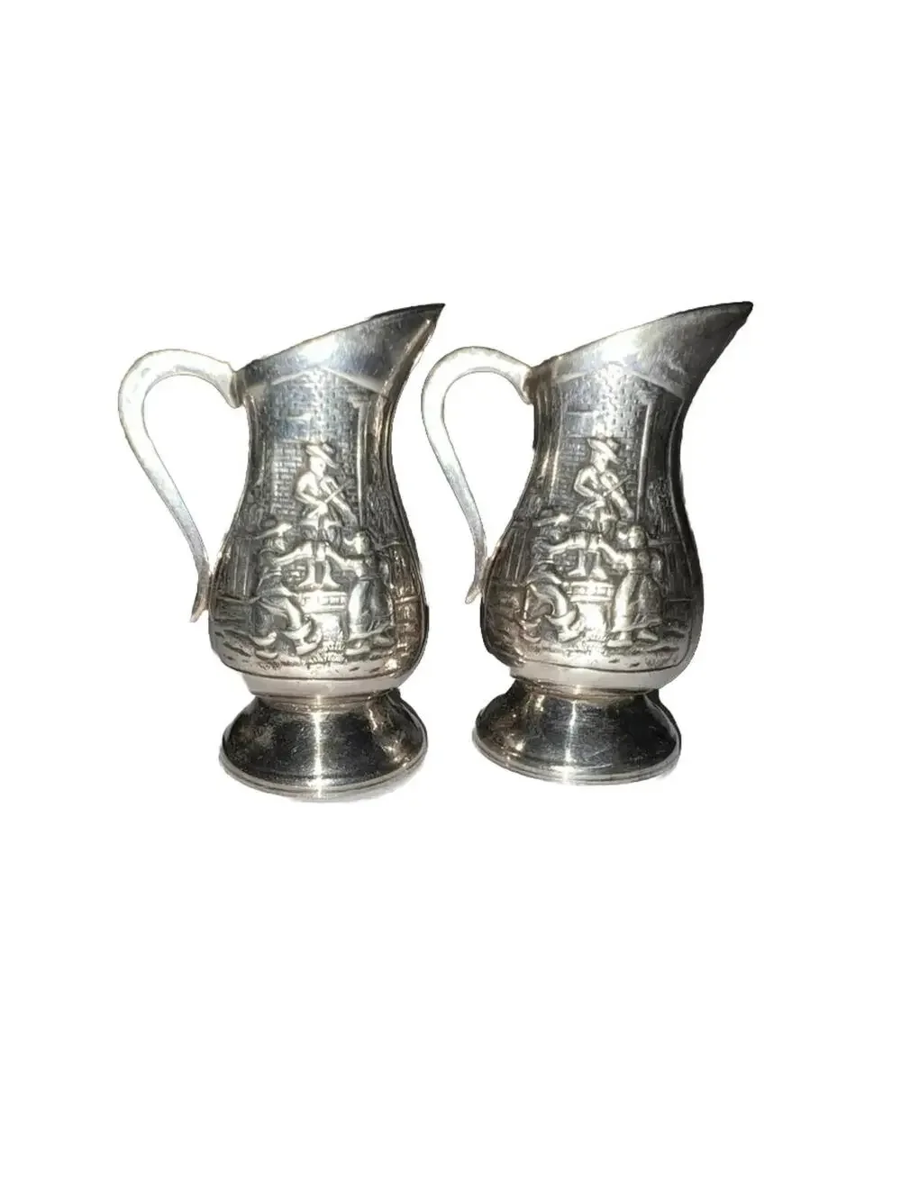 Salt Pepper Shakers Fiddle Dance Drinking Motif on Pitcher Silverplate VINTAGE